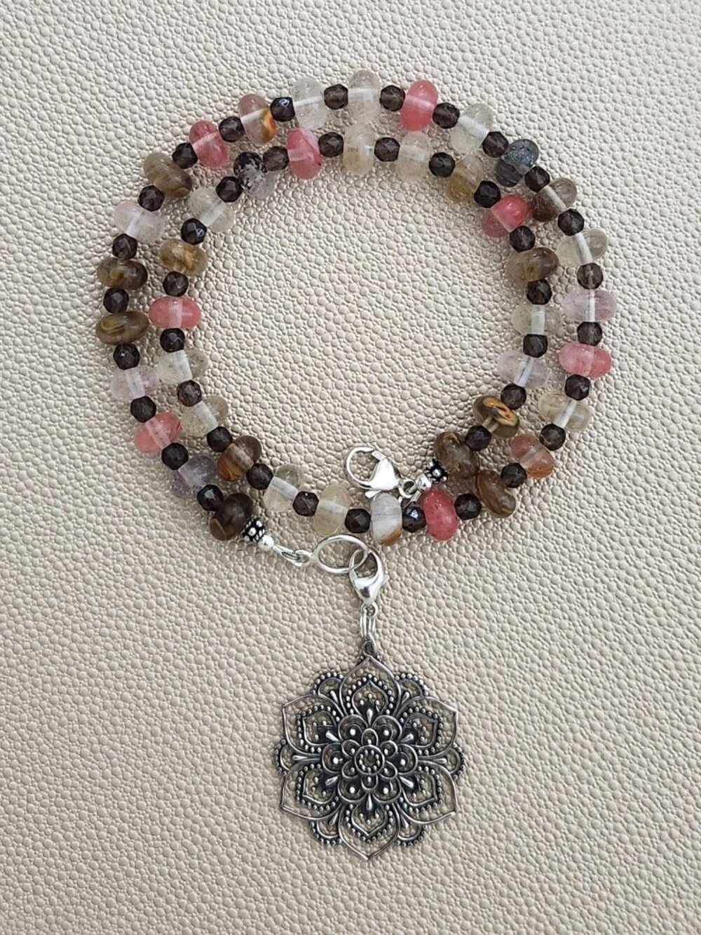 CHERRY FIRE QUARTZ NECKLACE W/ MANDALA--16"